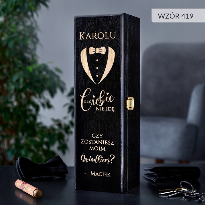 PROŚBA O ŚWIADKOWANIE SKRZYNKA NA WINO Z GRAWEREM PREZENT DLA ŚWIADKA IMIĘ