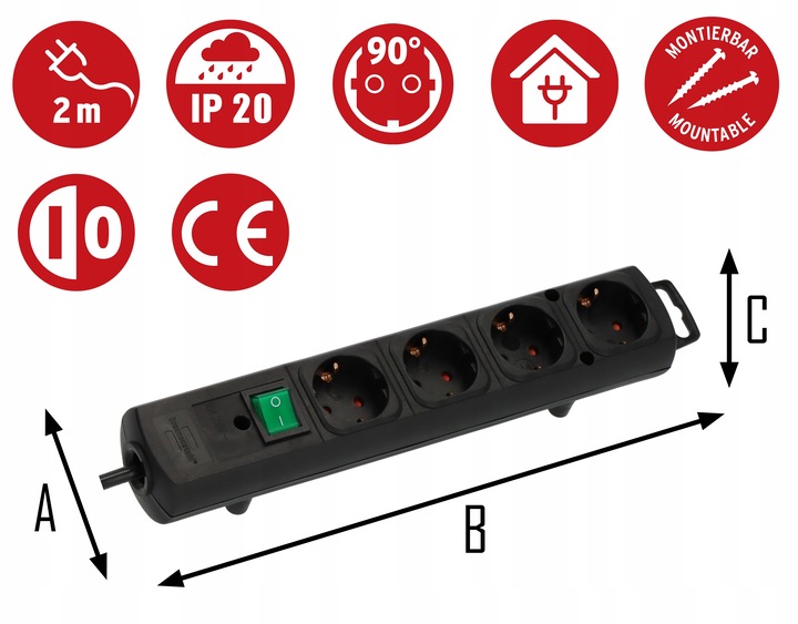 Przedłużacz z PŁASKĄ wtyczką Listwa zasilająca 4 GNIAZDA czarny 2m