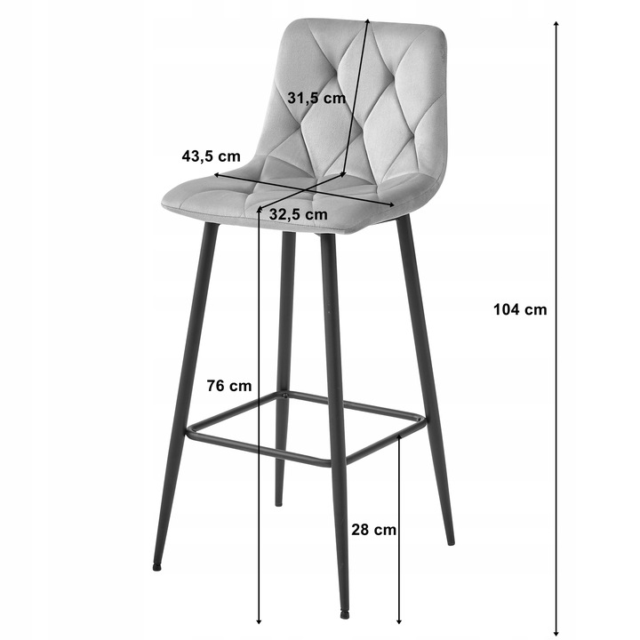 Hoker Krzesło Barowe Wysokie do Wyspy Welurowe Tapicerowane Szare