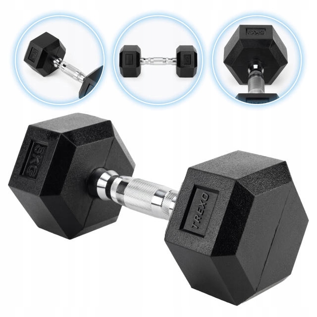 Hantel ogumowany TREXO Hex 5 kg Żeliwny ANTYPOŚLIZGOWY I SOLIDNY DO ĆWICZEŃ