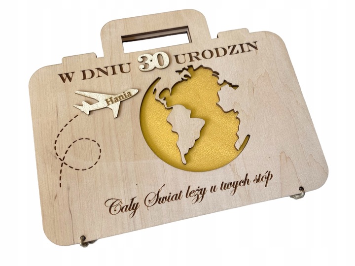 Prezent na urodziny DREWNIANA KARTKA GRAWER personalizowana walizka