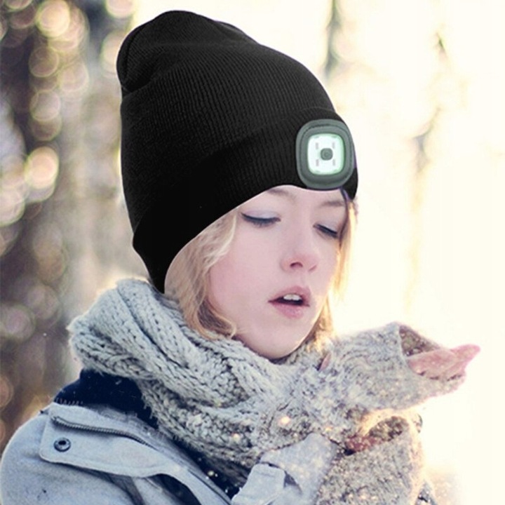 Czapka Zimowa z Latarką Lampką Czołową LED Ładowanie USB Ciepła Czarna