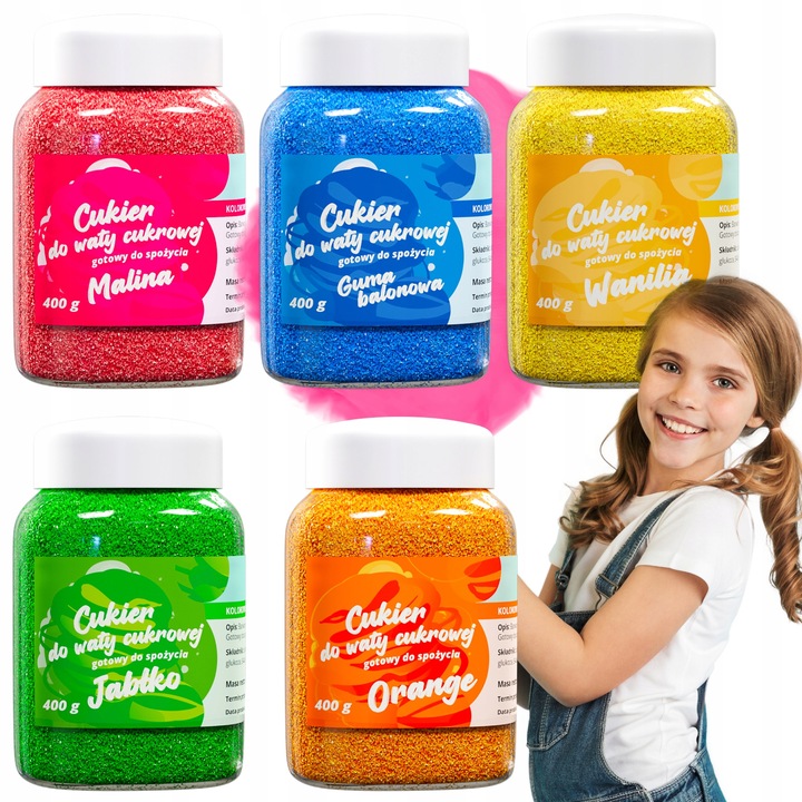 CUKIER KOLOROWY do waty cukrowej 5x400g smakowy MIX gratis 10szt