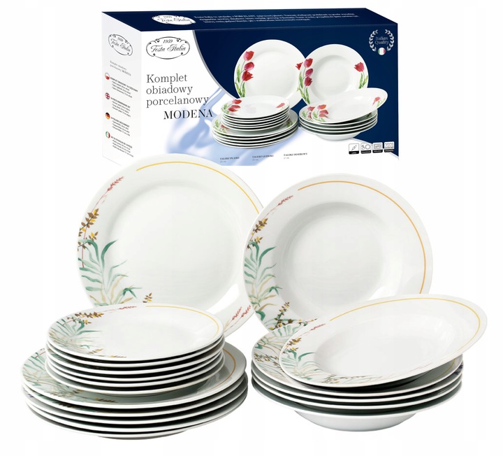 SERWIS OBIADOWY PORCELANOWY ZESTAW TALERZY BIAŁY NA 6 OSÓB WZÓR TRAWA