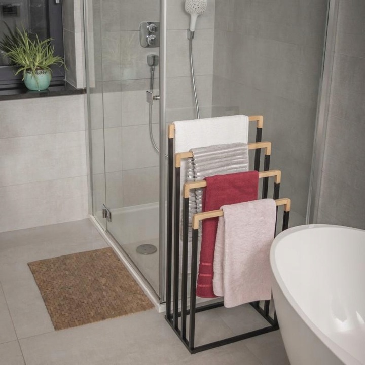 Stojak łazienkowy wieszak na ręczniki czarny stojący do łazienki bambus