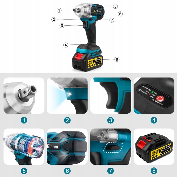 Bezszczotkowy klucz/wkrętarka udarowa 3 w 1 - akumulator, bateria i