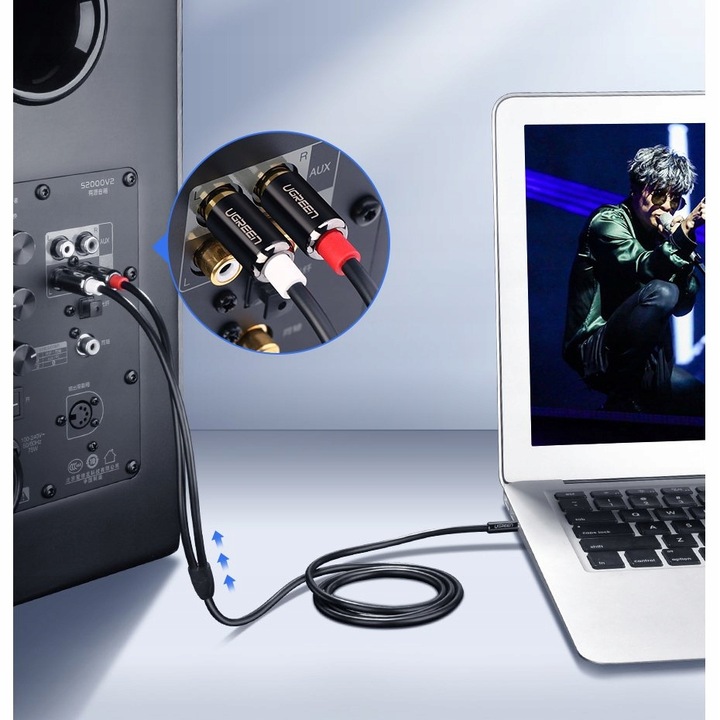 KABEL AUDIO UGREEN MINI JACK 3,5 mm DO 2RCA CINCH MOCNY PRZEWÓD 3M