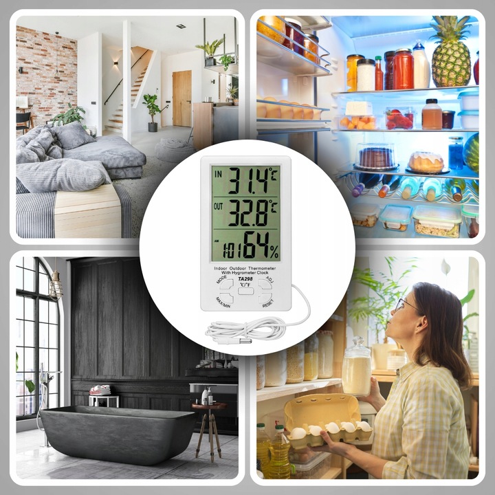 STACJA POGODOWA TERMOMETR ZEWNĘTRZNY HIGROMETR LCD ZEGAR Z SONDĄ