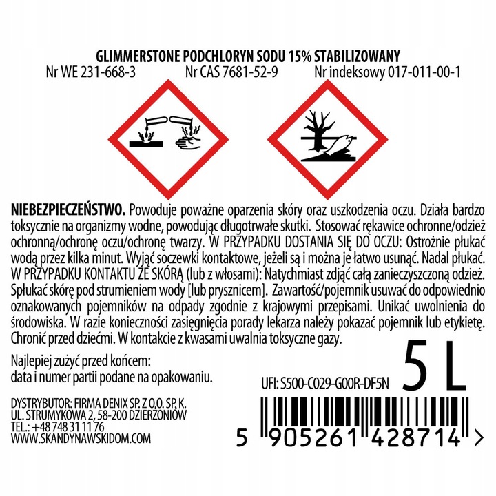 CHLOR PODCHLORYN SODU 15% CZYSZCZENIE Z PLEŚNI GRZYBÓW DO ŚCIAN STUDNI