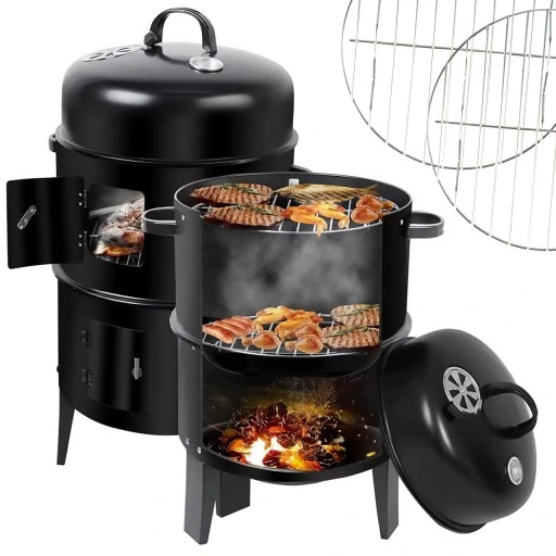 GRILL OGRODOWY WĘGLOWY WĘDZARNIA PALENISKO TERMOMETR OKRĄGŁY PRZENOŚNY 3W1