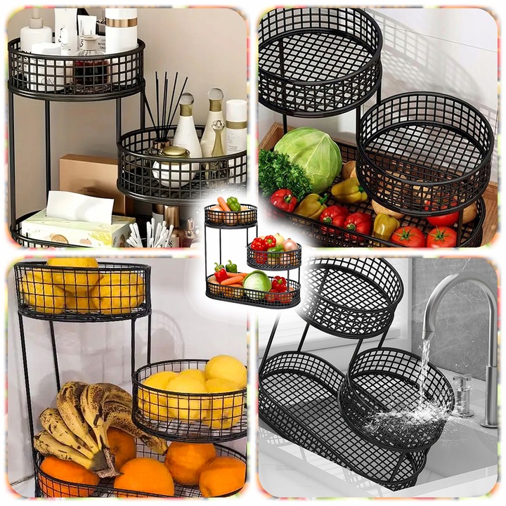 KOSZ NA OWOCE WARZYWA 3 POZIOMOWY METALOWY CZARNY KOSZYK STOJAK