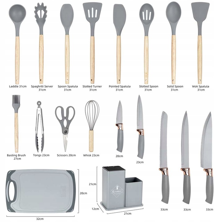 Komplet 5 Noży + Zestaw 12 przyborów kuchennych + deska do krojenia +Stojak