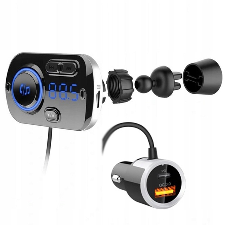TRANSMITER BLUETOOTH FM SAMOCHODOWY 2X SZYBKA ŁADOWARKA AUX USB-C