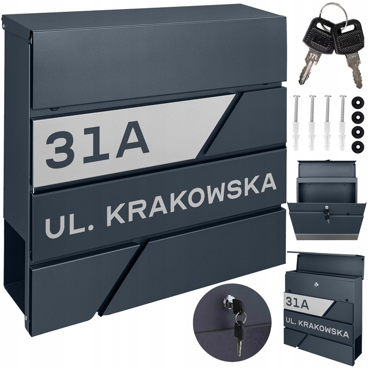 SKRZYNKA POCZTOWA NA LISTY POCZTĘ ANTRACYT + NAPIS Z ADRESEM ULICA NUMER