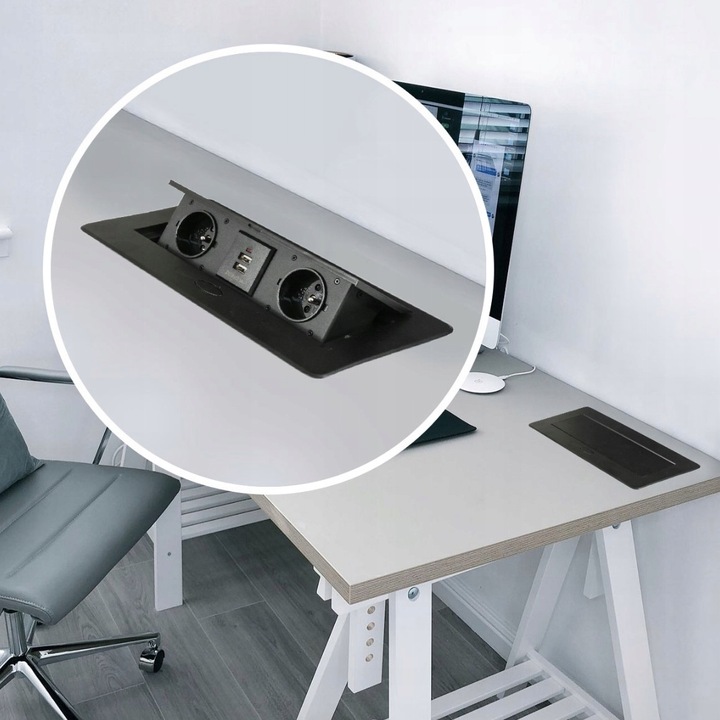 Gniazdo Nablatowe Chowane w Blat Kuchenny Potrójne Wpuszczane 2X 230V Biuro