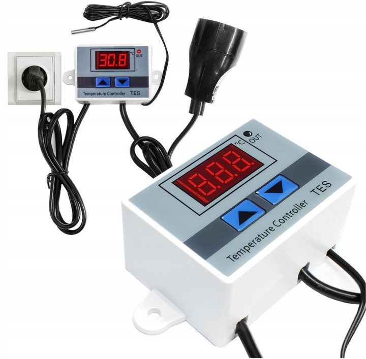 TERMOSTAT ELEKTRONICZNY CYFROWY REGULATOR TEMPERATURY + gniazdo + wtyk