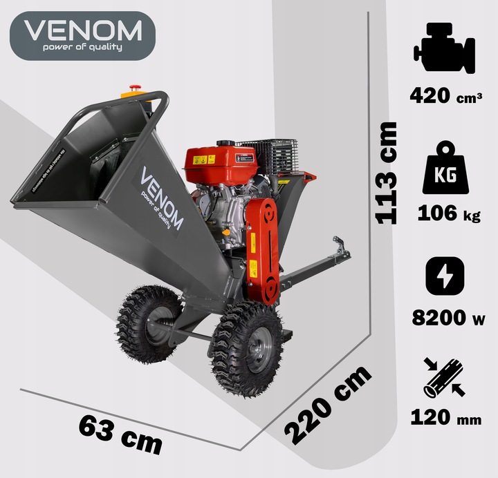 POTĘŻNY ROZDRABNIACZ SPALINOWY DO GAŁĘZI 120 MM SILNIK 420 CC ZACZEP