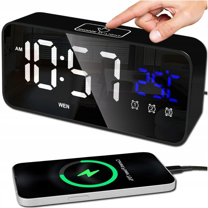 BUDZIK ELEKTRONICZNY ZEGAR LED CYFROWY STOJĄCY TERMOMETR ALARM DATA + USB