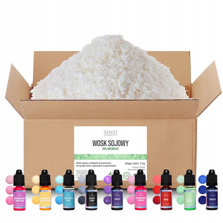 WOSK SOJOWY Do Świec 5kg Płatki 100% + Barwniki Zestaw 9x10 ml GRATIS