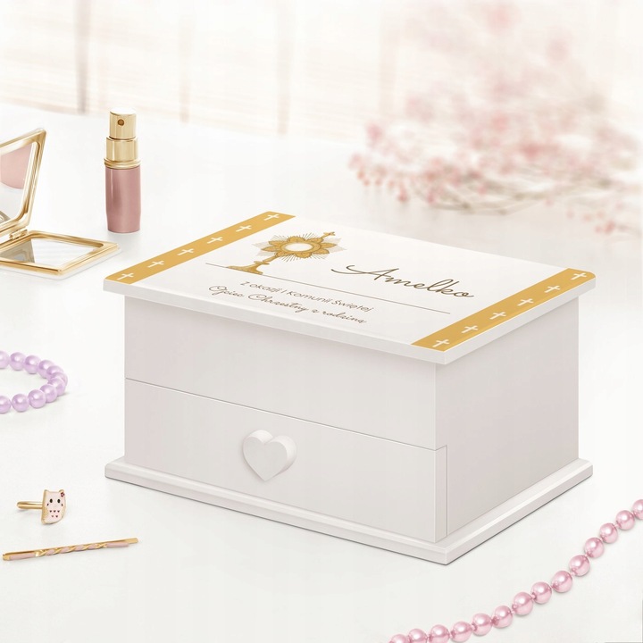 Pamiątka Komunii Świętej Prezent Komunia Szkatułka Pozytywka z Szufladką