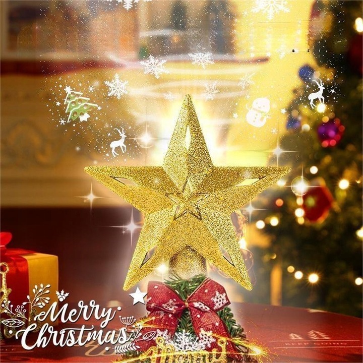 Projektor LED oświetla gwiazdy na czubku choinki, ozdoby świąteczne