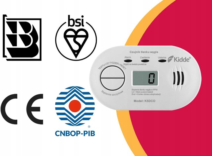 Czujnik czadu Tlenku węgla Detektor CO Bezprzewodowy Kidde K5DCO LCD