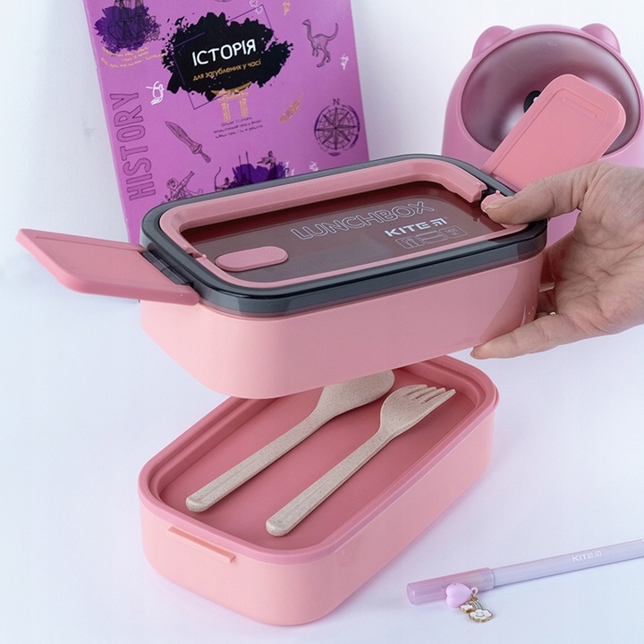 LUNCHBOX ŚNIADANIÓWKA ZE STUCĆAMI WKŁADY 2 KOMORY 1400ml RÓŻOWY KITE