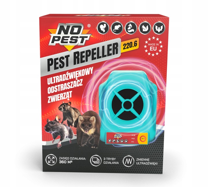 ULTRADŹWIĘKOWY ODSTRASZACZ NA KUNY MYSZY SZCZURY ŁASICE NO PEST 220.6