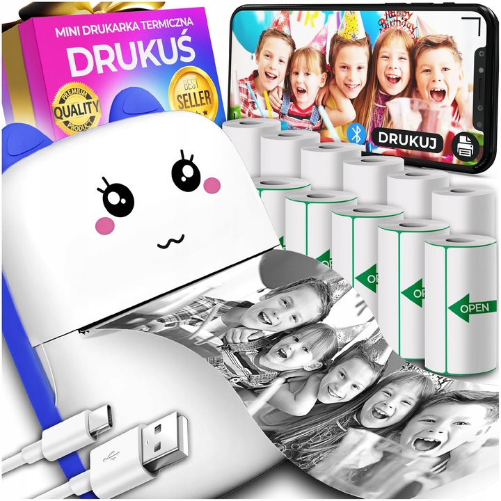 MINI DRUKARKA TERMICZNA DRUKUŚ ORYGINALNY DO ZDJĘĆ NOTATEK + 11SZT ROLEK