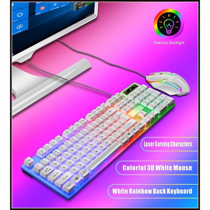 Zestaw sprzętu dla graczy, klawiatura, mysz, NAXSIR , 7 kolorów, biały