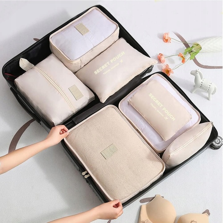 ORGANIZER DO WALIZKI PODRÓŻNY POJEMNY ZESTAW TORBY SZAFY PRANIE 7szt. Krem