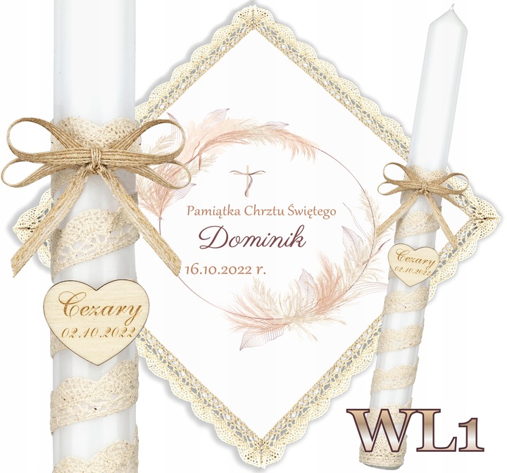 Szatka i świeca do chrztu BOHO Chrzest pudełko grawer serce EKO Topaz WL