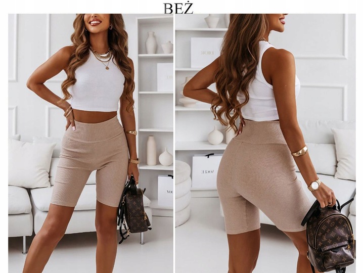 Spodenki damskie kolarki prążkowane wysoki stan modne wygodne prążek