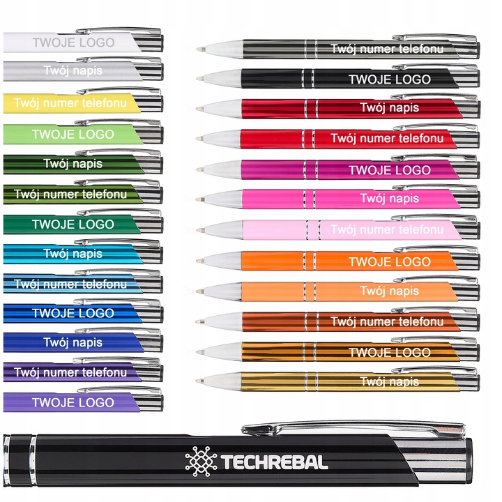 DŁUGOPISY REKLAMOWE Z GRAWEREM LOGO TWÓJ NAPIS CZARNY WKŁAD GRAWER 100 szt.