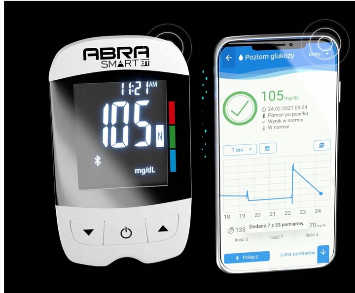 GLUKOMETR DIAGNOSTIC ABRA BEZKODOWY WIECZYSTA GWA aplikacja BT pomiar