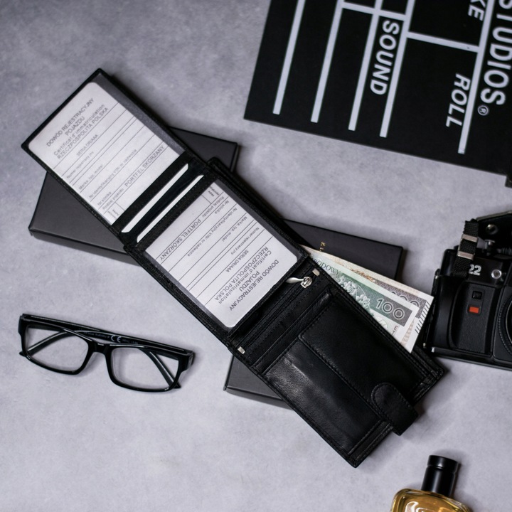 SEPHER Portfel 100% Skórzany Męski CZARNY zatrzask