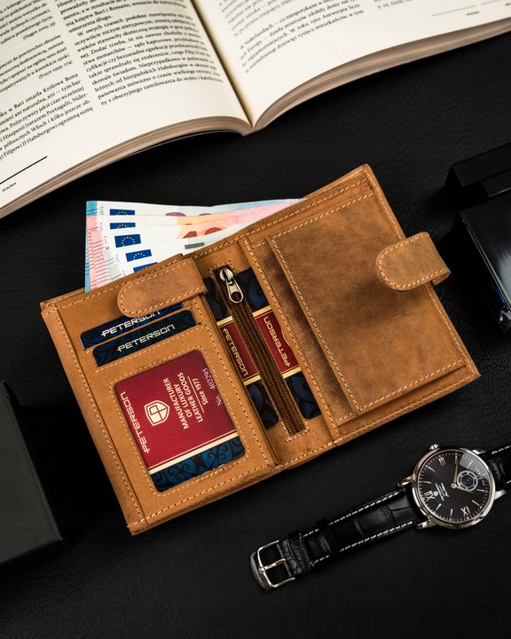 PETERSON modny portfel męski skórzany nubuk RFID na prezent