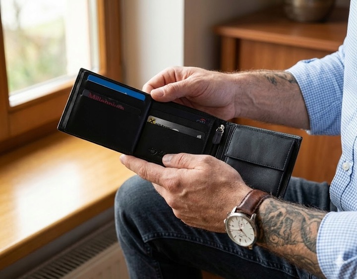 Portfel męski skórzany czarny poziomy skóra naturalna ochrona RFID