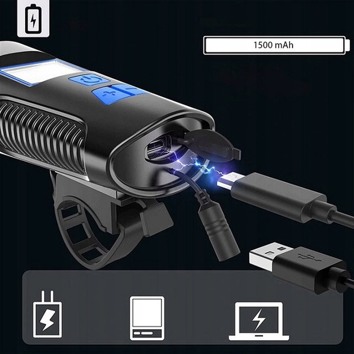LAMPKA ROWEROWA AKUMULATOROWA LICZNIK KLAKSON PRZÓD TYŁ NA ROWER KABEL USB