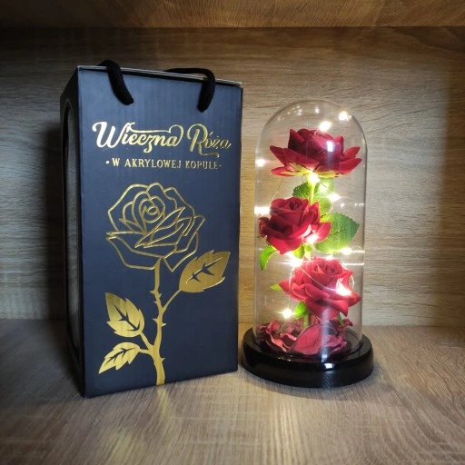 WIECZNA RÓŻA W SZKLE PREZENT NA DZIEŃ BABCI PUDEŁKO ŚWIECĄCA LED +KABEL USB