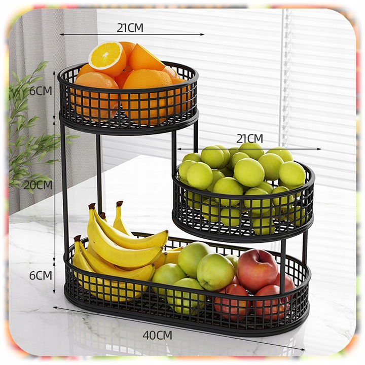 KOSZ NA OWOCE WARZYWA 3 POZIOMOWY METALOWY CZARNY KOSZYK STOJAK