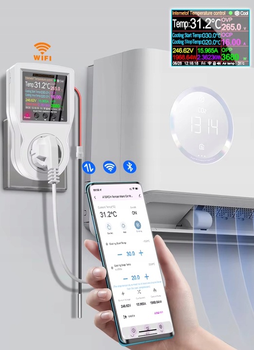 Termostat Gniazdkowy 3600W regulator WiFi + Licznik 16A WATOMIERZ TUYA