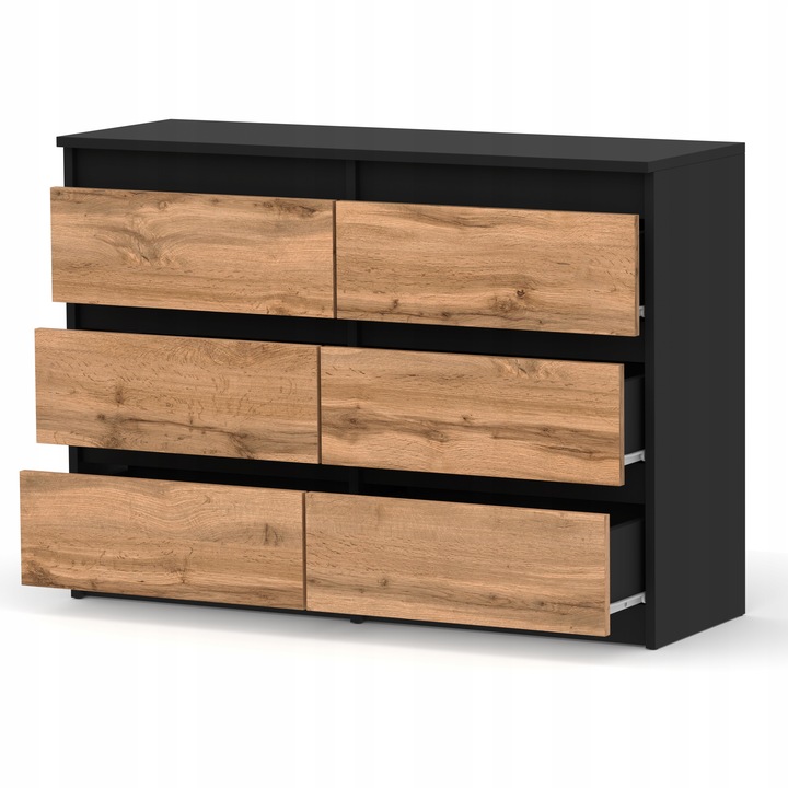 KOMODA Z 6 SZUFLADAMI 100 CM CZARNA DĄB WOTAN POJEMNA SZAFKA RTV LOFT