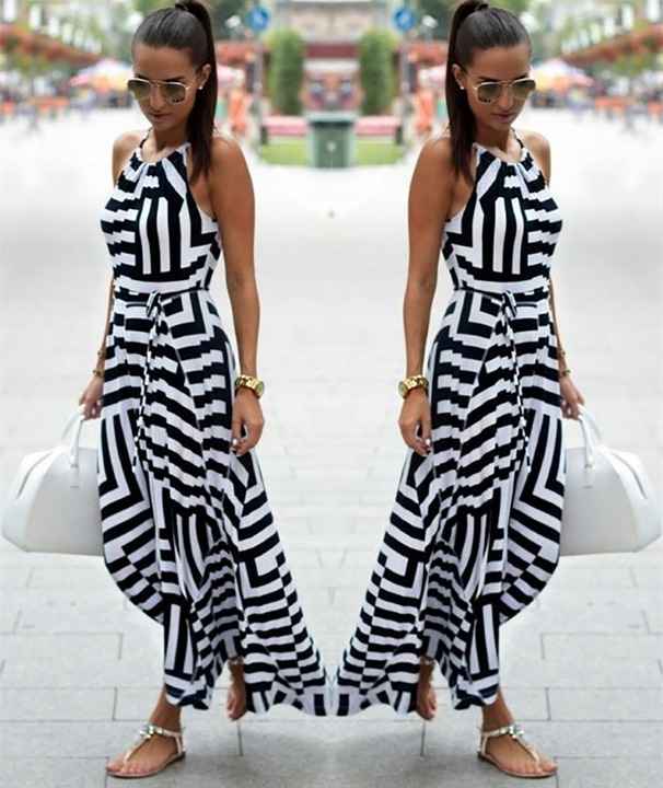 DŁUGA MODNA KOBIECA SUKIENKA MAXI W PASKI GRECKA DEKOLT RAMIĄCZKA WIĄZANA