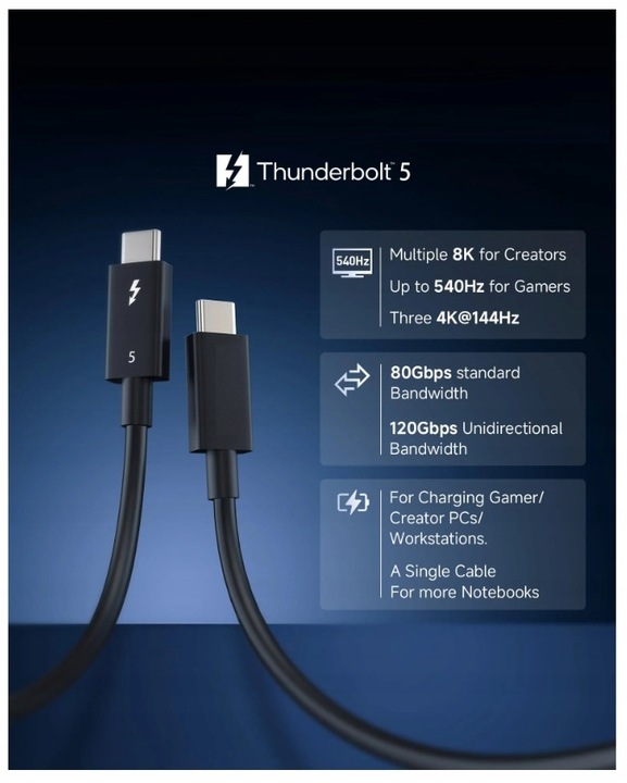 Kabel Thunderbolt 5 USB-C 80 Gb/s 240W 1M działa z Thunderbolt 3 4 USB 4.0