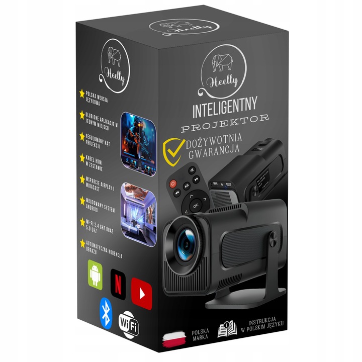 PROJEKTOR RZUTNIK ANDROID TV WIFI LED MINI PRZENOŚNY SMART GŁOŚNIK OBROTOWY