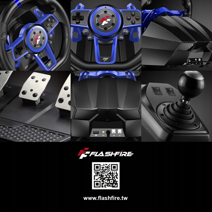 F111 FLASHFIRE Kierownica 900° PC/PS5/Switch z wibracjami 3 pedały 6 biegów