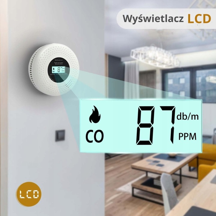 Czujnik detektor czadu i dymu tlenku węgla CO lcd