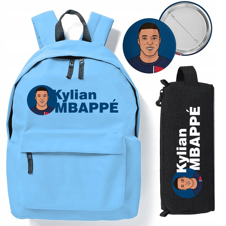 Zestaw do Szkoły Błękitny Plecak + Piórnik + Pin KYLIAN MBAPPE Piłkarz