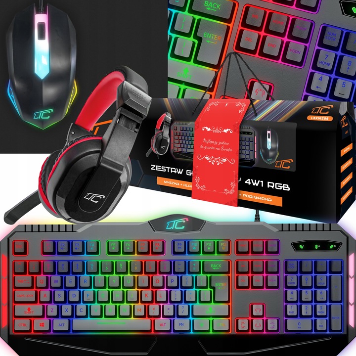 KLAWIATURA MYSZKA PODKŁADKA MIKROFON SŁUCHAWKI ZESTAW GAMINGOWY 4W1 PREZENT